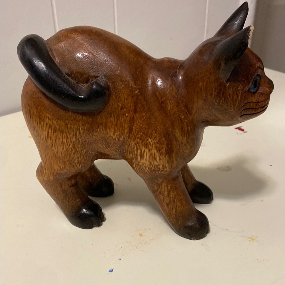 Handcrafted Wooden Cat Figurine - Brown and Black